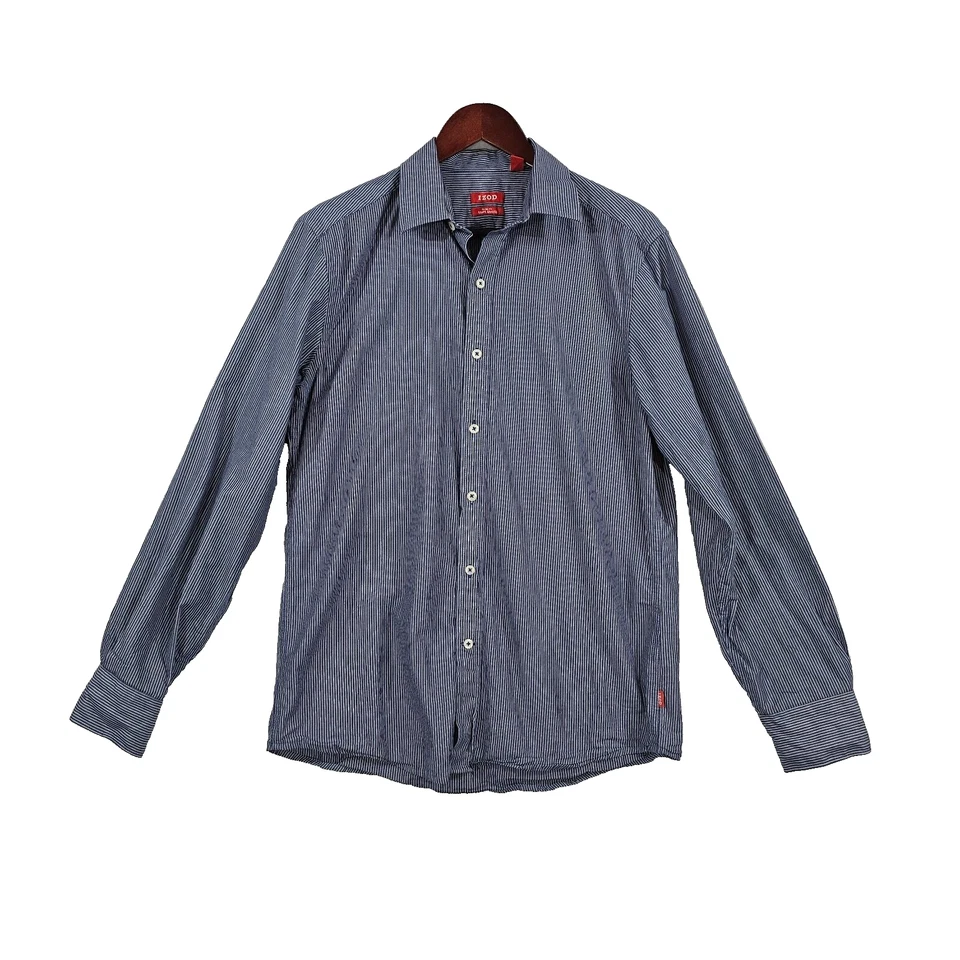 IZOD Mens Dress Shirt Long Sleeve Slim Fit Button Up Cotton Striped Blue White M - Image 1 of 4