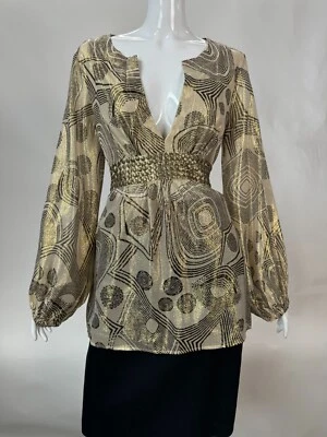 Vintage Erato Silk & Gold Lame Blouse With Geometric Pattern & Studded Waist - Image 1 of 4