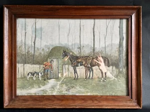 VINTAGE EINGEKLEMMT ROT BESCHICHTET JAGD PFERD HAUS GERAHMTER DRUCK GLAS PAUL ART GERUZEZ - Bild 1 von 10