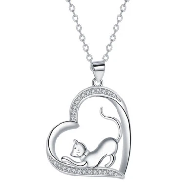 European Women Naughty Cat Heart AAA CZ Pendant Necklace Chain Silver Plated - Image 1 of 4