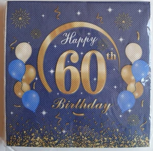 Servietten Zum 60. Geburtstag Blau- Gold,  16,5. cm, 20 Stück - Bild 1 von 1