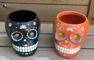 Set of 2 Day of the Dead, Sugar Skull Ceramic Planters, Flower/Succulent Pots - Picture 1 of 8