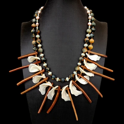 Purple Baroque Pearl Tiger Eye White Shell Gold Coral Necklace  20" - Image 1 of 4