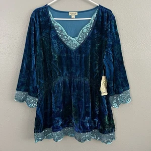One World Blue Velvet Babydoll Top Sequin Lace Trim Boho Womens Plus Size 2X NWT - Picture 1 of 10