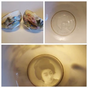 Vintage Kutani Hand Painted Geisha Lithophane Tea Cup Made In Japan Set 2 - Picture 1 of 24