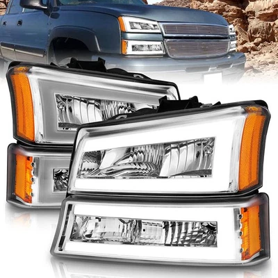 Chrome Clear Lens Headlight Assembly w/Light Bar for 03-06 Chevy Silverado 3500 - Image 1 of 4