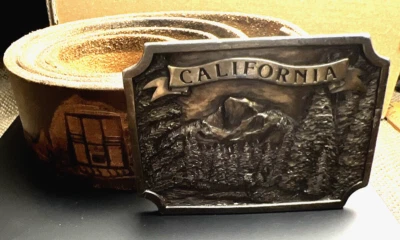 Vintage 1977 Bergamot Brass Works CALIFORNIA Belt Buckle Half Dome Leather Belt - Image 1 of 4