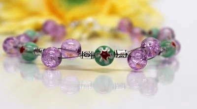 Glass Jewels Silber XL Armband Perlen Millefiori Lila Türkis Länge 22 cm #GA034 - Bild 1 von 3