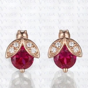 2.24Ct Round Shape Natural Pink Ruby & Diamond Stud Earring 14K Solid Rose Gold - Picture 1 of 9