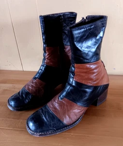 Vintage 1970s Boots Leather Black & Brown Patchwork Zipper Sides Leather Soles - Picture 1 of 6