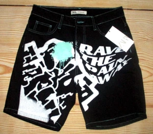 MENS ZARA GRAFFITI BLACK DENIM SHORTS SIZE 30 - Picture 1 of 2