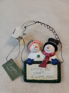 Ornement de Noël Couple Résine Bonhomme de Neige Femme Signe Attrape Ma dérive..Je t'aime ❤️ - Photo 1/5