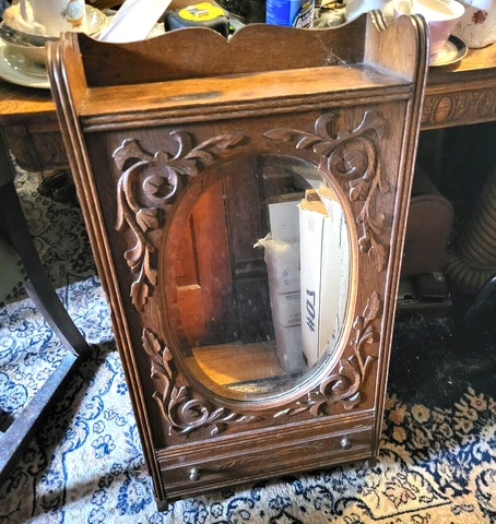 Antique OAK Medicine Cabinet w/ Gingerbread Fretwork Beveled Glass Mirror & Bar Cover