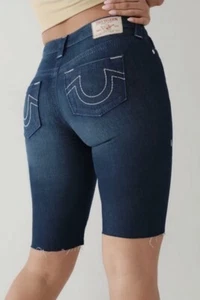 True Religion Riley Mid Rise Bermuda Shorts Dark Moonstone Raw Hem Sz 26 NEW - Picture 1 of 5