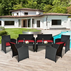 8 PCS Patio Rattan Furniture Conversation Set Cushion Sofa Table Garden Red - Picture 1 of 9