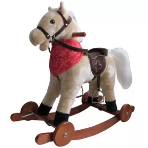 Schaukelpferd mit Sound und Rollen Holz Plüsch Schaukel Pferd bis 20kg NEU SP2 - Bild 1 von 1
