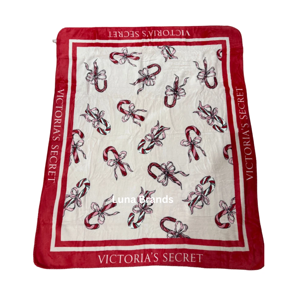 Victoria's Secret 舒适毛绒粉色和红色标志蝴蝶结糖果甘蔗毯 50×60 2025 — 第 1/3 张图片