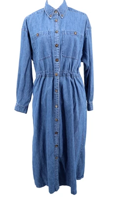 Vtg Eddie Bauer Dress Womens Medium Maxi Blue Denim Button Cottagecore Prairie - Image 1 of 4