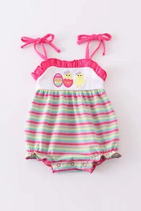Premium Girl's Easter Egg Stripe Strap Bubble Romper Sibling Matching Embroidere - Picture 1 of 10