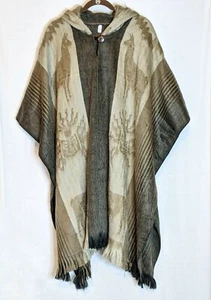 Alpaca Blend Hooded Poncho Shawl Cape Ecuador Fringe Stripes Very Soft - Picture 1 of 7