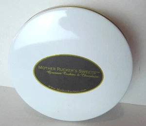 Mother Rucker's Sweets Tin Round Tin Box White with Gold Label Empty - Picture 1 of 5