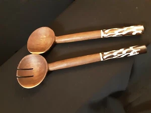Handcrafted African Olive Wood & Bone Salad Servers Fork Spoon Set - Picture 1 of 7