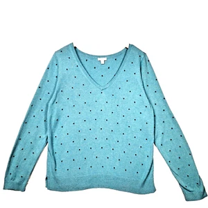 J. Jill Sweater Top Medium Robins Egg Blue Polka Dots V-Neck Cotton Blend - Picture 1 of 6