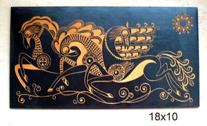 VTG Palekh style hand-carved exquisite Troika wood plaque, 70s Belarus, 18x10 - Picture 1 of 1