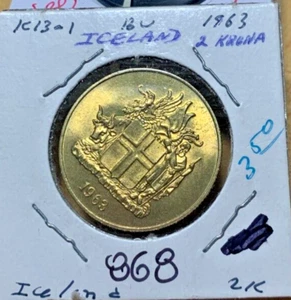 1963 Iceland 2 Krónur KM# 13a.1, uncirculated condition.  Coin #868 - Picture 1 of 2