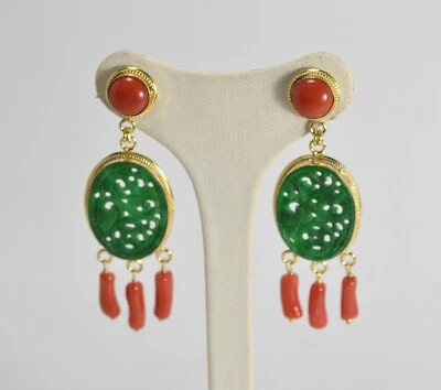 ORECCHINI  ARGENTO 925 DORATO CORALLO ROSSO GIADA VERDE OVALE MAMETTI  AGHT 0829 - Immagine 1 di 3
