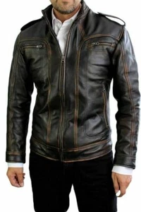 Chaqueta de cuero envejecido genuino para hombre café corredor motocicleta motociclista negra - Imagen 1 de 4