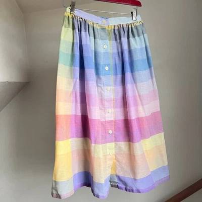 Falda midi vintage años 80 pastel arco iris a cuadros botón delantero retro preppy academia Foto 1 de 4
