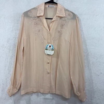 VTG Peony Floral Hand Embroidered 100% Silk Lace Blouse Women 36 Dead Stock NEW - Image 1 of 4