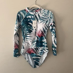 LafKoly Long Sleeve Half Zip One Piece Swimsuit Tropical Print Padded Size M NWT - Picture 1 of 4