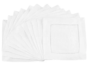 White Hemstitch 6" Cocktail Napkins - 12 Pack - 55/45 Linen Cotton Blend - Picture 1 of 5