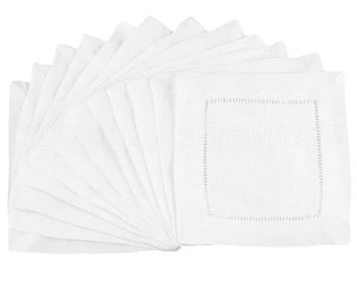 White Hemstitch 6" Cocktail Napkins - 12 Pack - 55/45 Linen Cotton Blend - Image 1 of 4