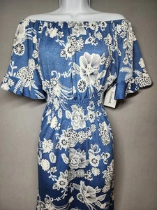 Anthropologie Kindred S Blue Floral Dress Elastic waist On Off the shoulder - Picture 1 of 19