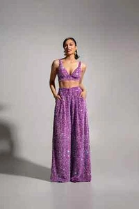 NEW $260 OMONIGHO x OFUURE "Liza" outfit set crop top & pants purple sequins M - Picture 1 of 12