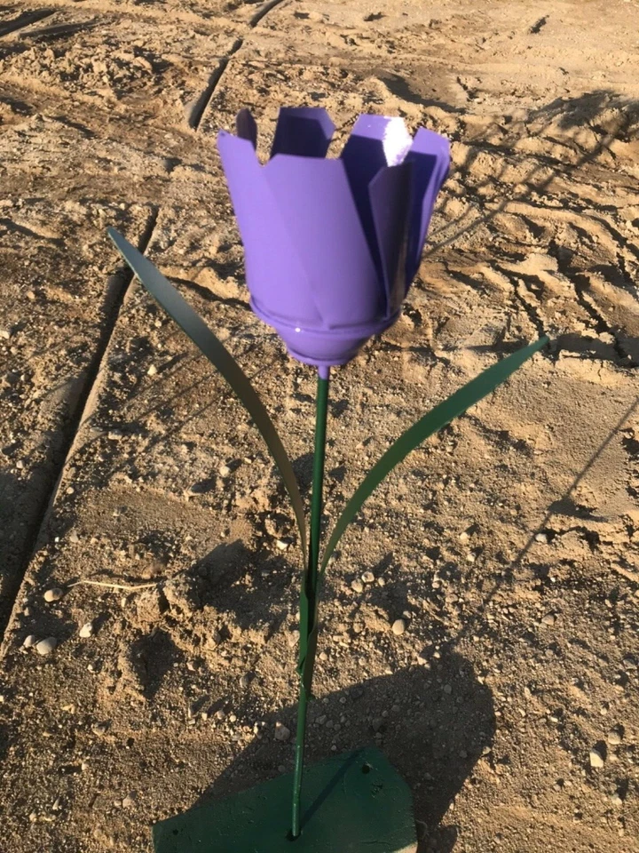 recycled metal flower purple tulip garden stake yard art spring color 22" tall - Image 1 of 1