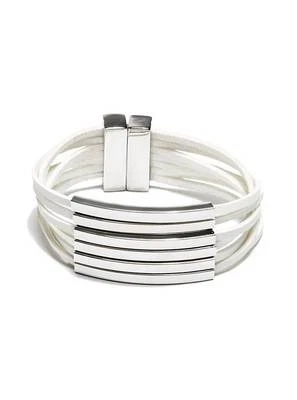 Nuovo GUESS Lucidato Color Argento Barre + Bianco Multi Fili Similpelle - Immagine 1 di 2