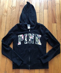 Victoria’s Secret PINK Black Tropical Floral Applique Full Zip Hoodie Size M - Picture 1 of 4