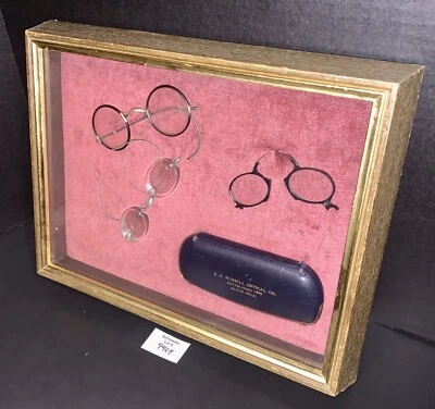 Antique Metal Eyeglass Frames Pince-nez in Shadow Box Art Optometry Advertising - Image 1 of 4