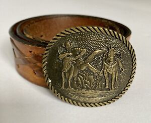 Vintage Award Design Medals Western Brass Belt Buckle & Leegin Leather Belt