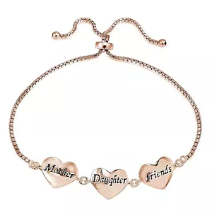 Rose Gold Tone on Silver MOM DAUGHTER FRIENDS Polished Heart Adjustable Bracelet - Picture 1 of 3