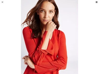 🍊 UK 20 EUR 48 M&S ORANGE DIPPED HEM V-NECK RUCHED SLEEVE JUMPER  BNW🏷RRP £25 - Image 1 of 4