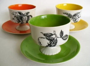 3~Vint~MCM~Porcelain~PEDESTAL~Desert Cups & Saucers~ICE CREAM SUNDAY~Custard~EC - Picture 1 of 11
