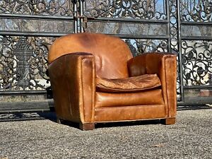 Large Vintage Art Deco Distressed Leather French Club / Lounge Chair