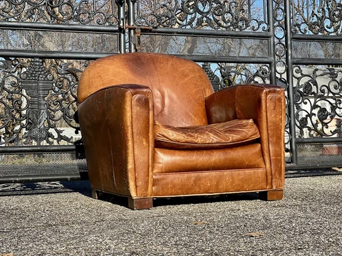 Large Vintage Art Deco Distressed Leather French Club / Lounge Chair Cover