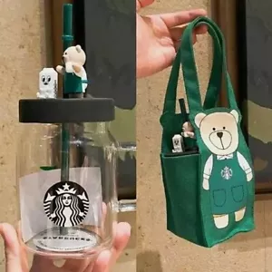 Starbucks China Mason Straw Cups 16oz Bear Glass Cup With Green Canvas Carry Bag - Bild 1 von 8