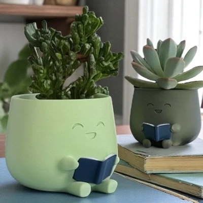 Cute Bookworm Planter Succulent Pot Small Desk Decor Office Gift for Book Lover - Image 1 of 4